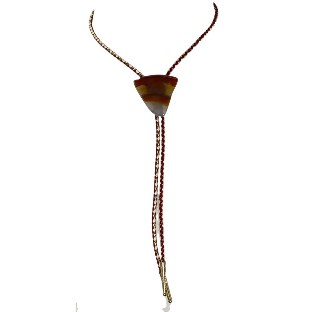 Vintage 70s Agate Bolo Tie Gold Tone Tips Western Statement